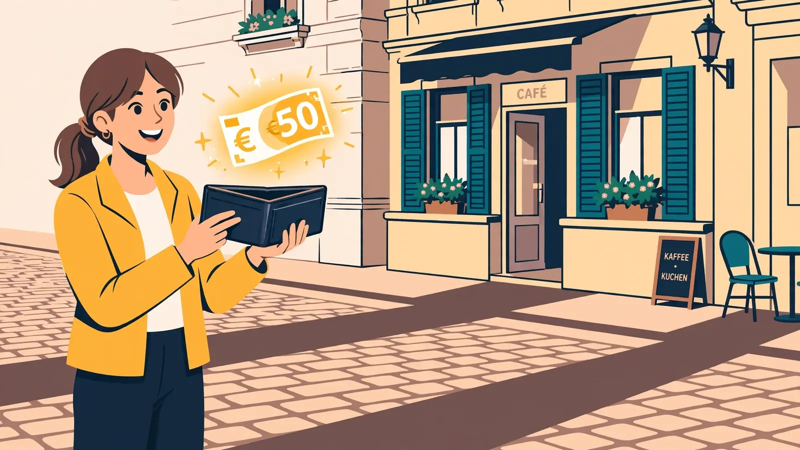 Junge Frau in Wien mit schwebendem 50‑Euro‑Bonusbetrag