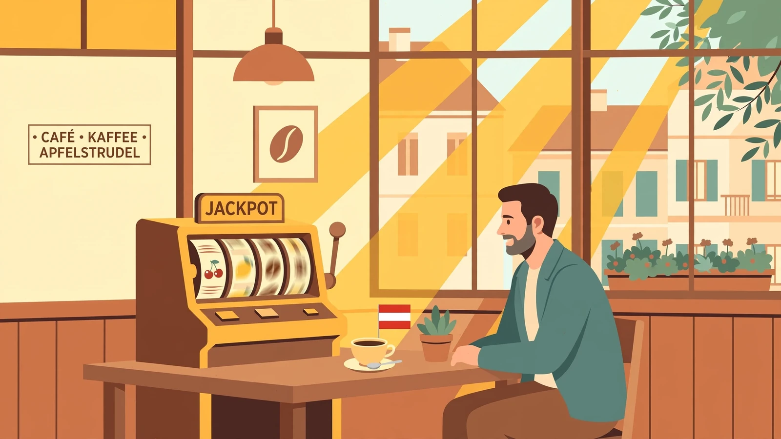 Gemütliches Wiener Café mit altem Spielautomaten und Kaffee.