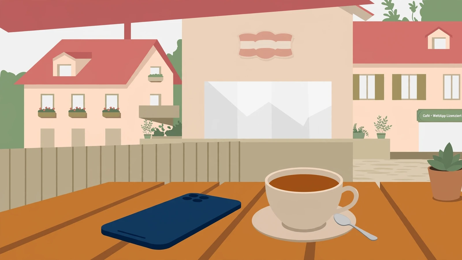 Smartphone und Kaffee auf österreichischem Straßencafé, Tageslicht