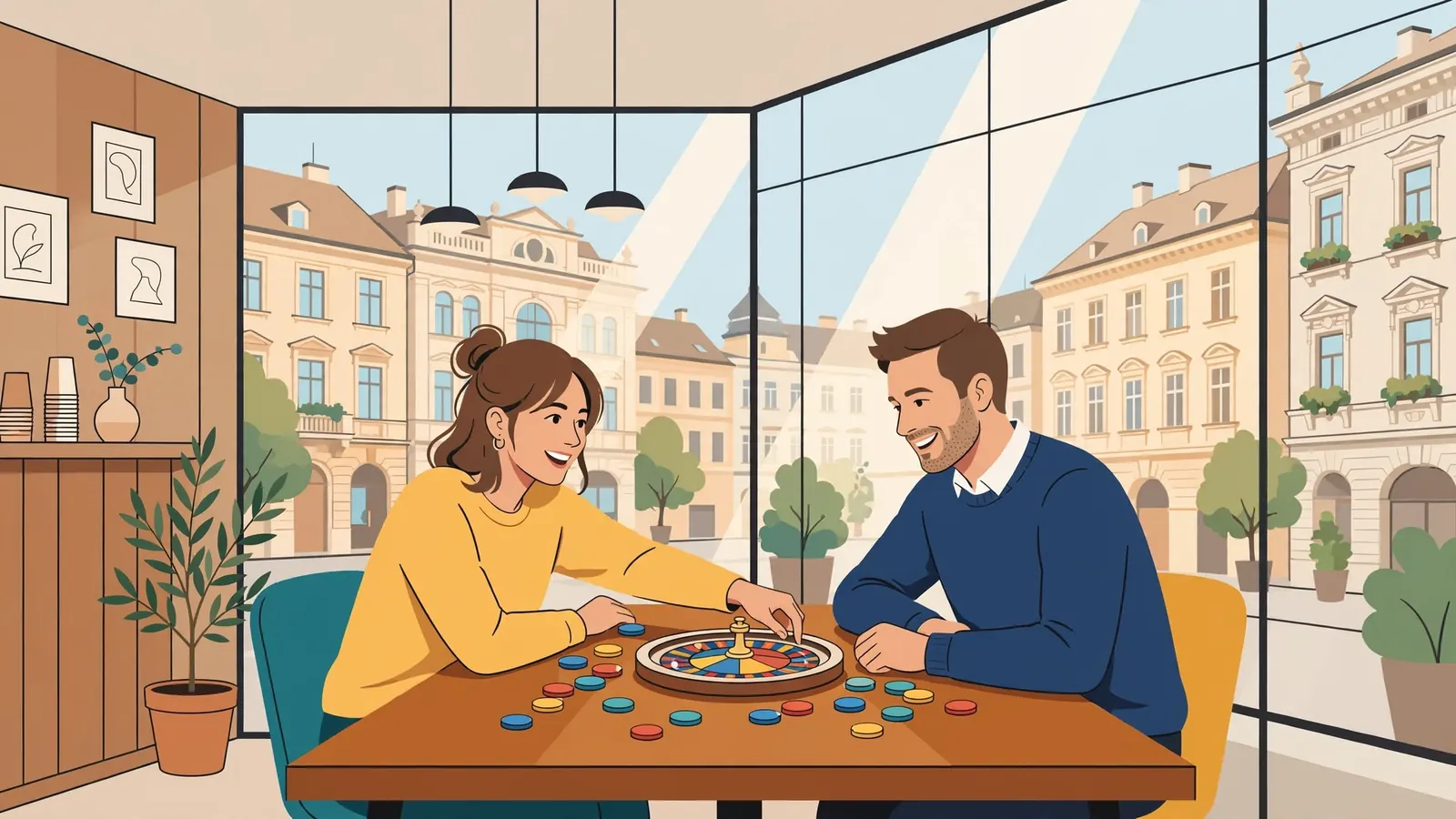 Paar spielt Roulette im Wiener Café, helles Tageslicht