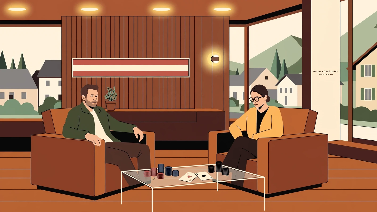 Modernes österreichisches Casino‑Lounge‑Interieur mit Spielchips und warmem Licht