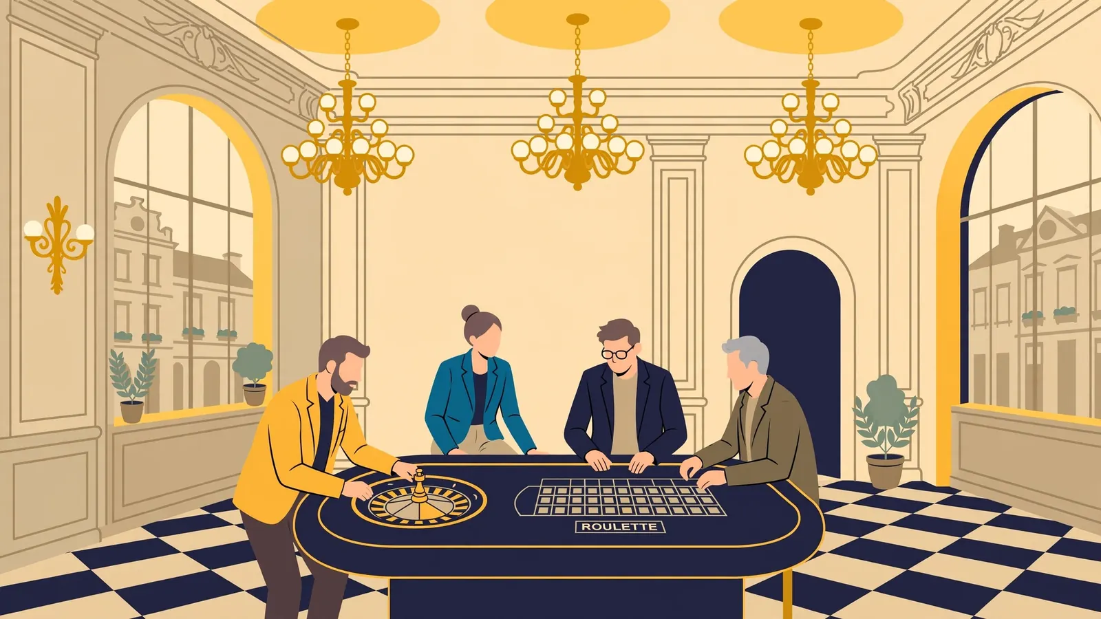 Eleganter Casino‑Saalauschnitt mit Roulette