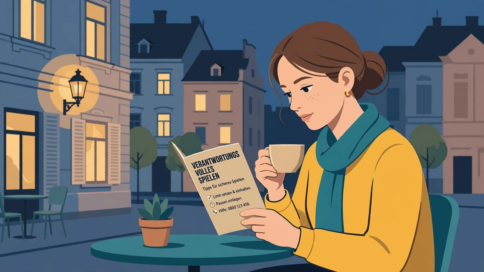 Junge Frau mit Kaffee liest Broschüre über verantwortungsvolles Spielen